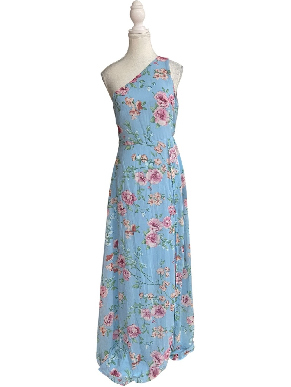 Lulus Elegant Admiration One-Shoulder Maxi Dress Light Blue Floral